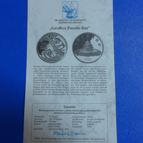 China 50 Yuan 1990 Panda 5 Oz Feinsilber inkl. orig. Kapsel + Zertifikat