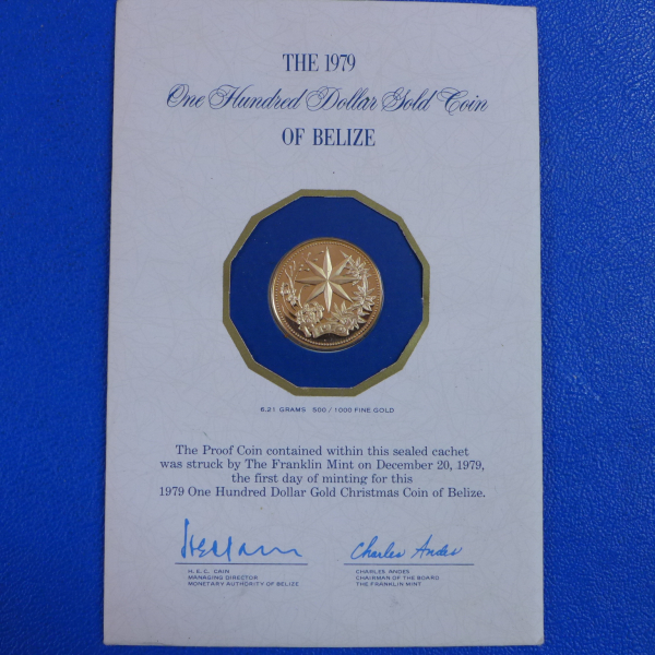 Belize 100$ 1979 Christman coin Gold in PP in orig. Folder