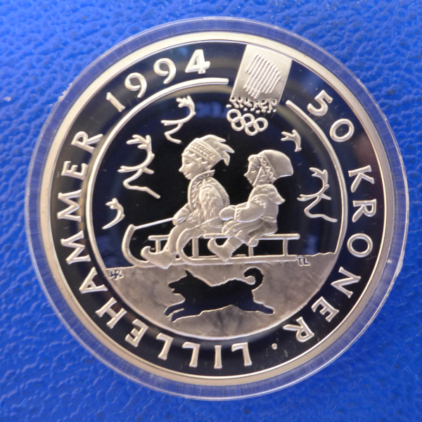 Norwegen 50 Kronen 1992 Schlittenfahren Kinder Lillehammer 1994 Silber in PP